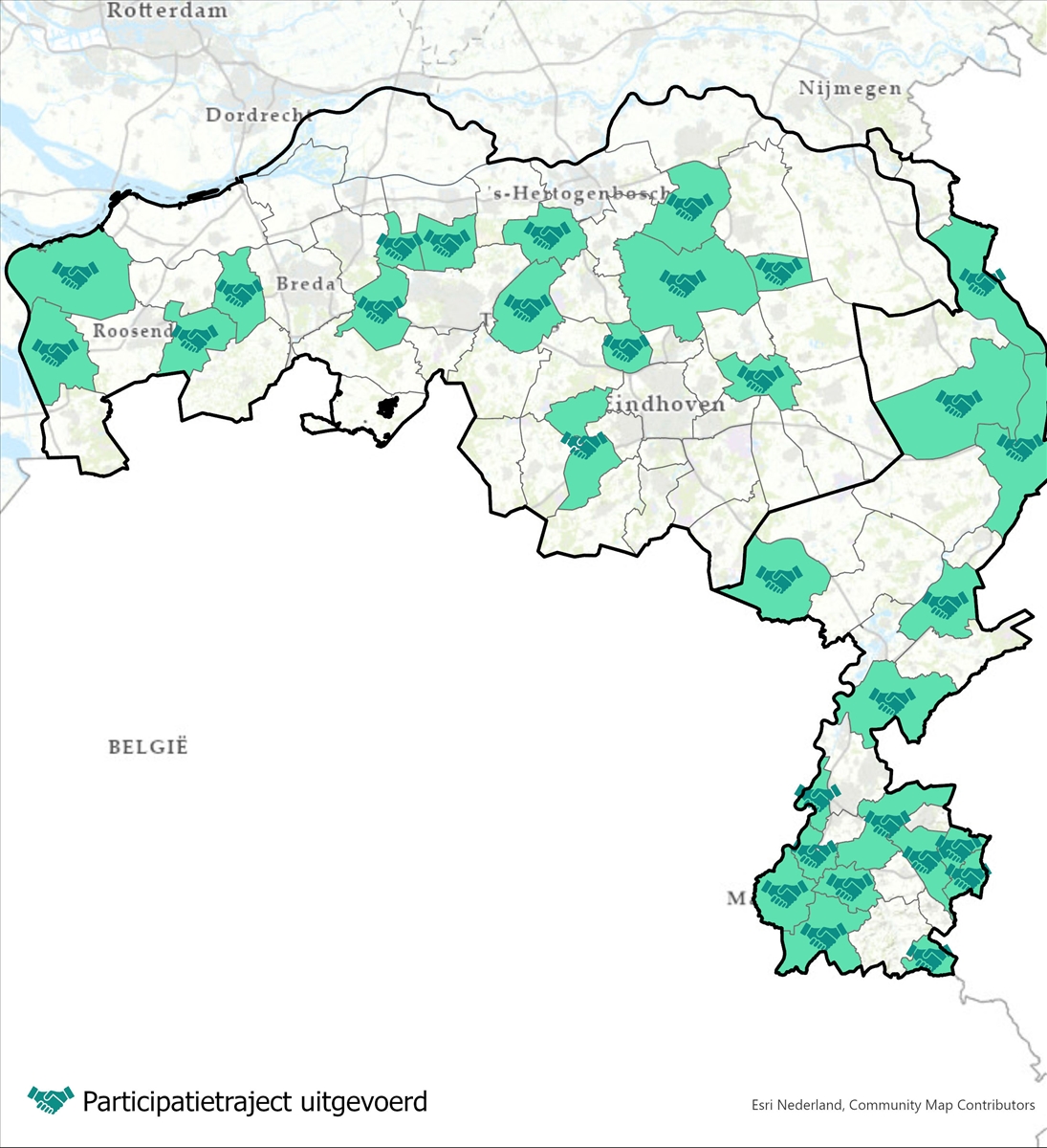 Een kaart die overzicht geeft in welke 30 gemeenten in regio zuid inwonerparticipatie is gebruikt bij het bepalen van de locatie van de laadpalen.